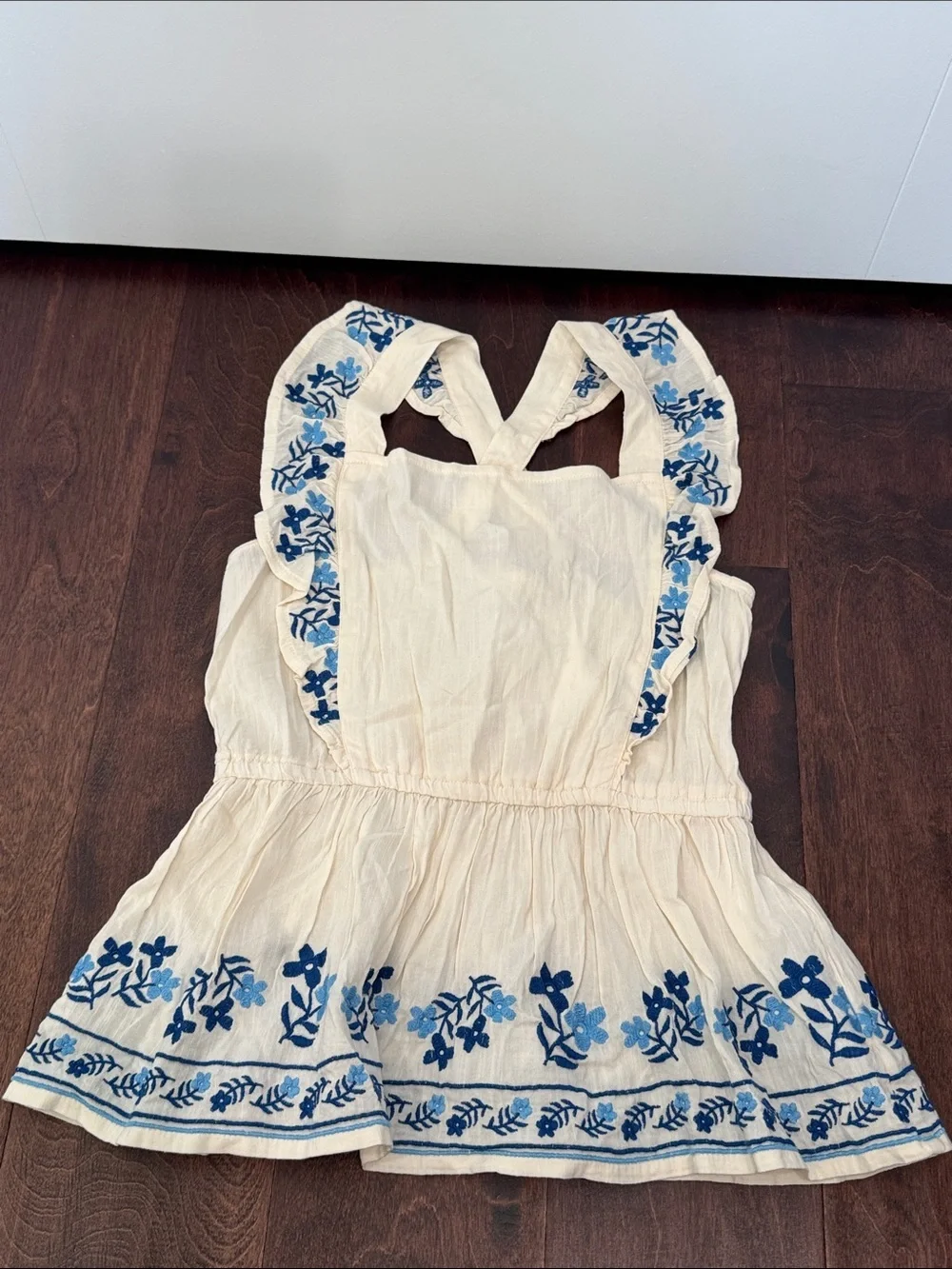 NEW Old Navy Girls Summer Top Blouse Cross-Back Ivory w/Blue Embroidery, L 10/12